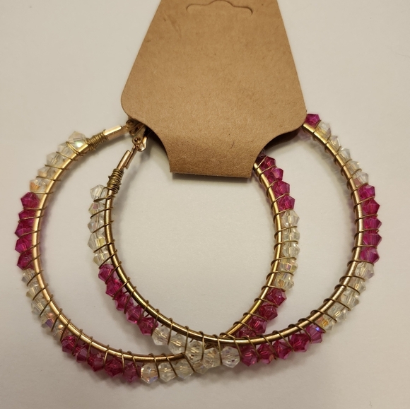 Gold hoops stainless pink/clear beads individually wire wrapped- handcrafted - Picture 2 of 5